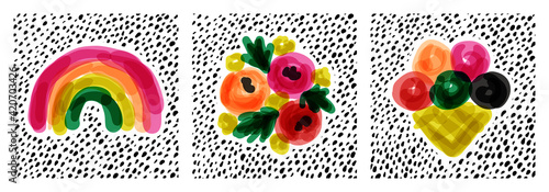 Bold and playful designs set of vivid rainbow, flowers and ice cream on dotted background. Creative vector illustration for naive poster or cute greeting card