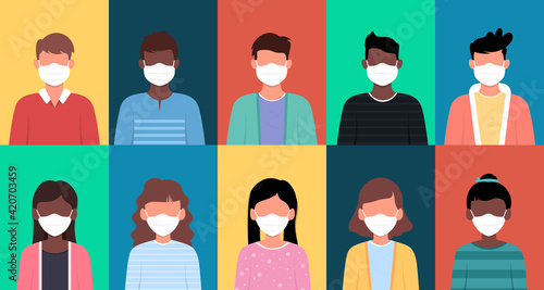 Set of man and woman wearing medical mask flat style icon design.