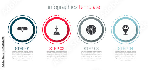 Set Decree, parchment, scroll, Sword in the stone, Round wooden shield and Location king crown. Business infographic template. Vector