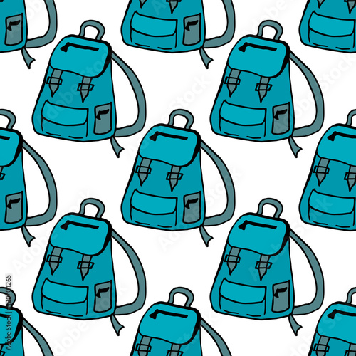 Seamless pattern with creative blue backpacks on white background. Doodle style. Vector image.