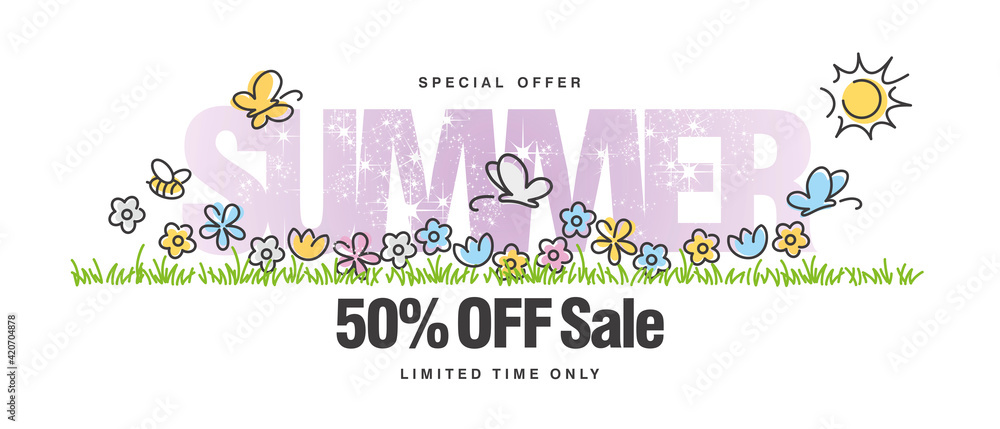 Fototapeta premium Special offer Summer Sale 50 % off with colorful spring flowers butterflies tulips bee in grass isolated white background