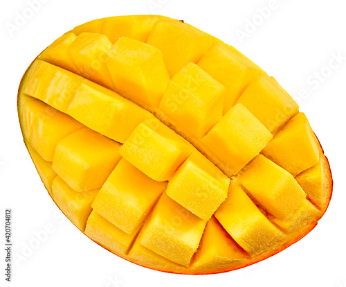 fresh sliced mango isolated on white background. exotic fruit. clipping path. top view