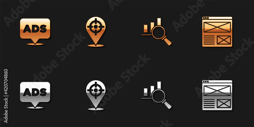 Set Advertising, Target sport, Magnifying glass and analysis and Browser window icon. Vector