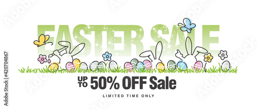 Easter Sale up to 50 % off handwritten line design colorful Easter banny egg hunt in grass spring white background