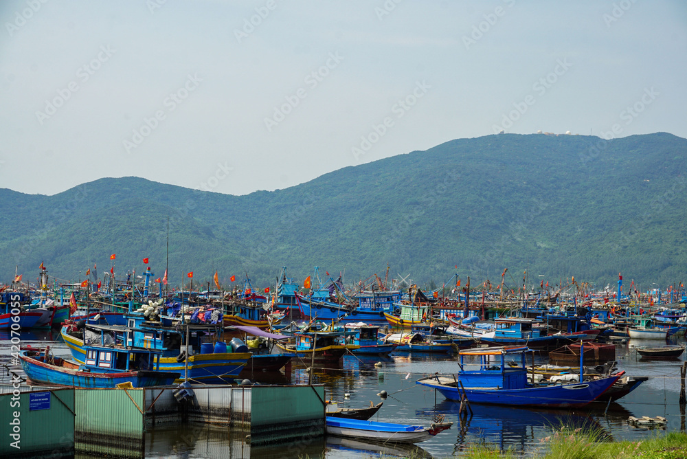 Fishing boats waiting in the harbor in Da Nang, Vietnam