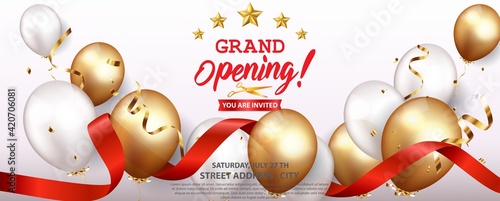 Grand opening card design with gold and red ribbon with confetti