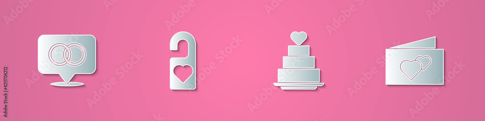 Set paper cut Wedding rings, Please do not disturb, cake with heart and Greeting card icon. Paper art style. Vector Set paper cut Wedding rings, Please do not disturb, cake with heart and Greeting card icon. Paper art style. Vector