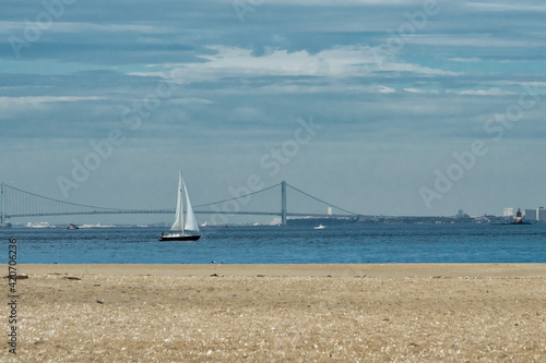 A distant view towards New York City as seen from Keansburg Beach along the Jersey shore. photo