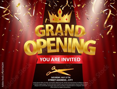 Grand opening card design with gold and red ribbon with confetti