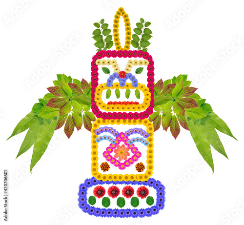 Ancient African totem symbol made from flowers and leaves isolated