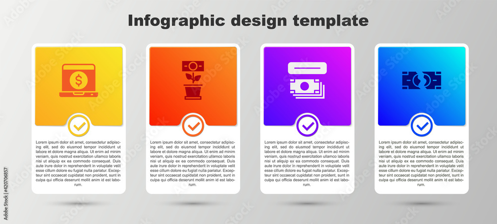 Set Laptop with dollar, Money plant in the pot, ATM and money and Tearing banknote. Business infographic template. Vector Set Laptop with dollar, Money plant in the pot, ATM and money and Tearing banknote. Business infographic template. Vector
