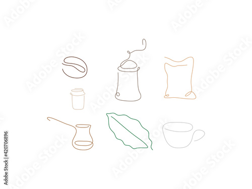 Set of one line art style coffee equipment. Abstract creative food in minimalism design. Hand drawn vector illustration.