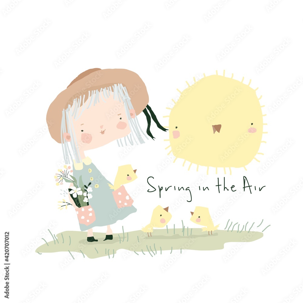 Cartoon beautiful girl with cute little chicks Cartoon beautiful girl with cute little chicks