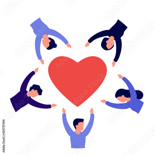 Group of people together with hands up stand in circle surround red heart shape symbol love, help, social support. Men and women give feedback, thanks, care. Good review, like. Vector illustration