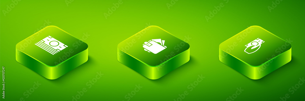 Set Isometric Wallet with money, Fast payments and Stacks paper cash icon. Vector Set Isometric Wallet with money, Fast payments and Stacks paper cash icon. Vector