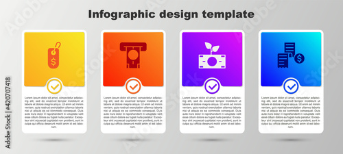 Set Price tag with dollar, ATM and money, Money plant in the pot and Paper or financial check. Business infographic template. Vector