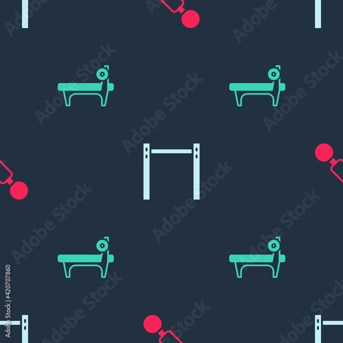 Set Dumbbell, Horizontal bar and Bench with barbel on seamless pattern. Vector