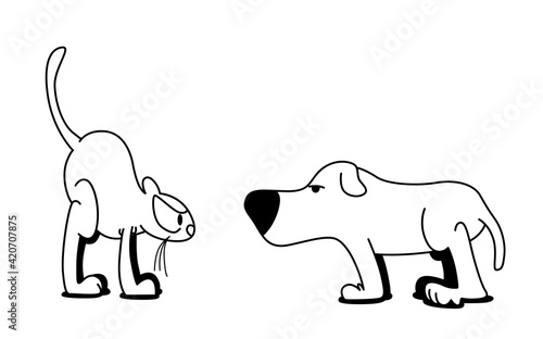 Cute angry and confronting cat and dog. Black and white hand drawn cartoon sketch line funny vector illustration isolated on white background.