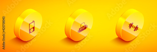 Set Isometric Music player, Sport bag and Dumbbell icon. Vector