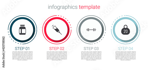 Set Sports nutrition, Doping syringe, Barbell and Kettlebell. Business infographic template. Vector