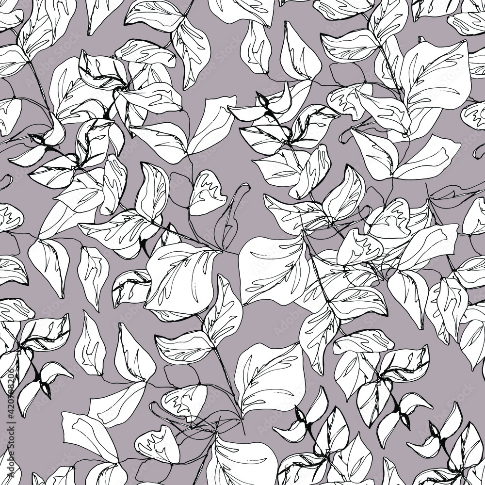 Fototapeta premium Pattern with tropical leaves at different angles, home green plants, palms. manual graphics. Botanical flower, pencil, plant element for textile decor and wallpaper. isolated stock art