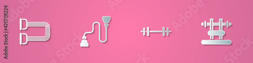 Set paper cut Chest expander, , Barbell and Bench with barbel icon. Paper art style. Vector