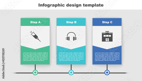Set Doping syringe, Headphones and Gym building. Business infographic template. Vector
