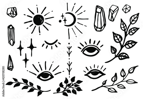 A set of mystical and natural illustrations. Ethnic and esoteric symbols. Sprigs of plants  eyes  stones  amulets  the sun. Doodle  sketch  tattoo. Vector illustration in boho style for modern designs