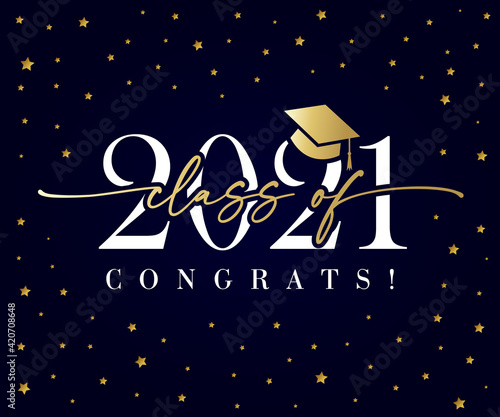 Class of 2021 golden calligraphy banner. Congratulation Graduate calligraphy elegant lettering design over dark blue background. High school or college party poster template photo