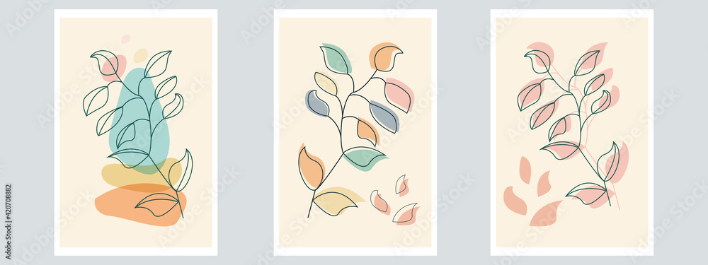 Botanical Wall Art Vector Poster Set. Minimalist Contour Foliage with Abstract Simple Shape.