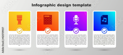 Set Drum, machine, Microphone and Music book with note. Business infographic template. Vector