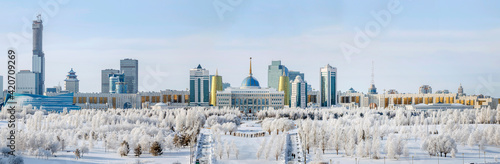 Kazakhstan, Nur-Sultan. The center of the left bank of modern Astana with the building of the presidential residence - Akorda. Winter panorama of the city. photo