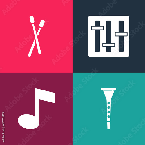 Set pop art Clarinet  Music note  tone  Sound mixer controller and Drum sticks icon. Vector