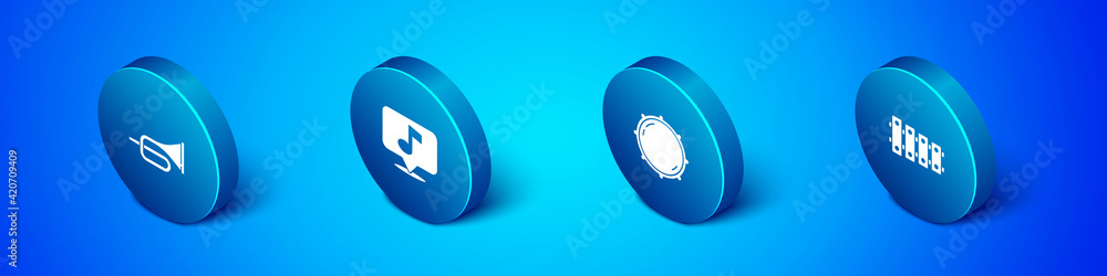 Set Isometric Trumpet, Dial knob level, Xylophone and Musical note icon. Vector Set Isometric Trumpet, Dial knob level, Xylophone and Musical note icon. Vector