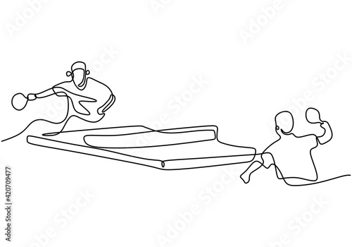 Continuous line drawing of young happy man table tennis player hit the ball. Two athlete playing table tennis isolated on white background. Competition and sport exercise concept. Vector illustration