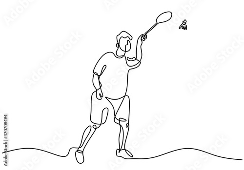 Continuous line drawing of man playing badminton. Character a badminton player is playing with a racket isolated on white background. Sport tournament concept minimalist design. Vector illustration