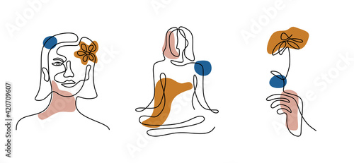 Set of woman's face continuous one line art. Style wallpaper template with female faces, hand holding a flower, and yoga pose in modern simple linear style. Minimalist design. Vector illustration