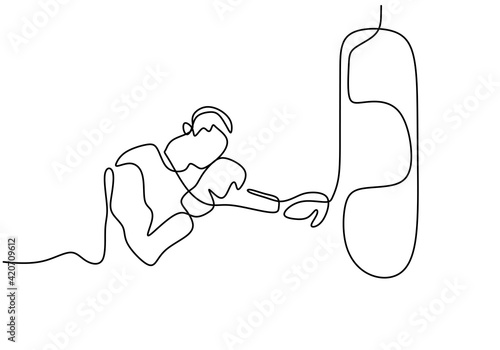 One continuous line drawing of young sporty man boxer hit the punching bag. Competitive combat sport concept. Vector illustration for boxing match promotion poster with minimalist design