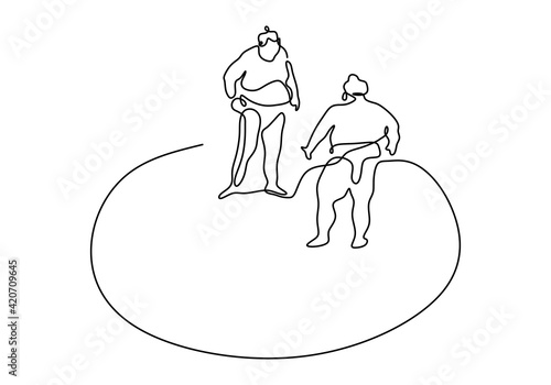 One continuous line drawing of two young big Japanese rikishi men is fight at festival tournament minimalism style isolated on white background. Traditional sumo sport concept. Vector illustration