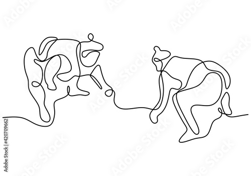 One continuous line drawing of two young big Japanese rikishi men is fight at festival tournament minimalism style isolated on white background. Traditional sumo sport concept. Vector illustration