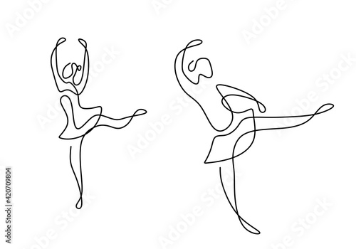 Continuous line drawing of two woman ballet dancer. Two young beautiful professional lady dancer practice ballet together to perform in minimalist design. Dance sport concept. Vector illustration