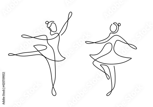 Continuous line drawing of two woman ballet dancer. Two young beautiful professional lady dancer practice ballet together to perform in minimalist design. Dance sport concept. Vector illustration