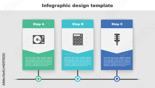 Set Vinyl player with vinyl disk, Drum machine and Microphone. Business infographic template. Vector