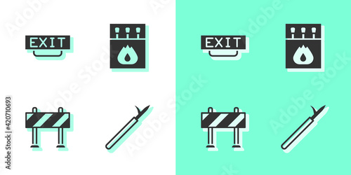 Set Metal pike pole, Fire exit, Road barrier and Matchbox and matches icon. Vector