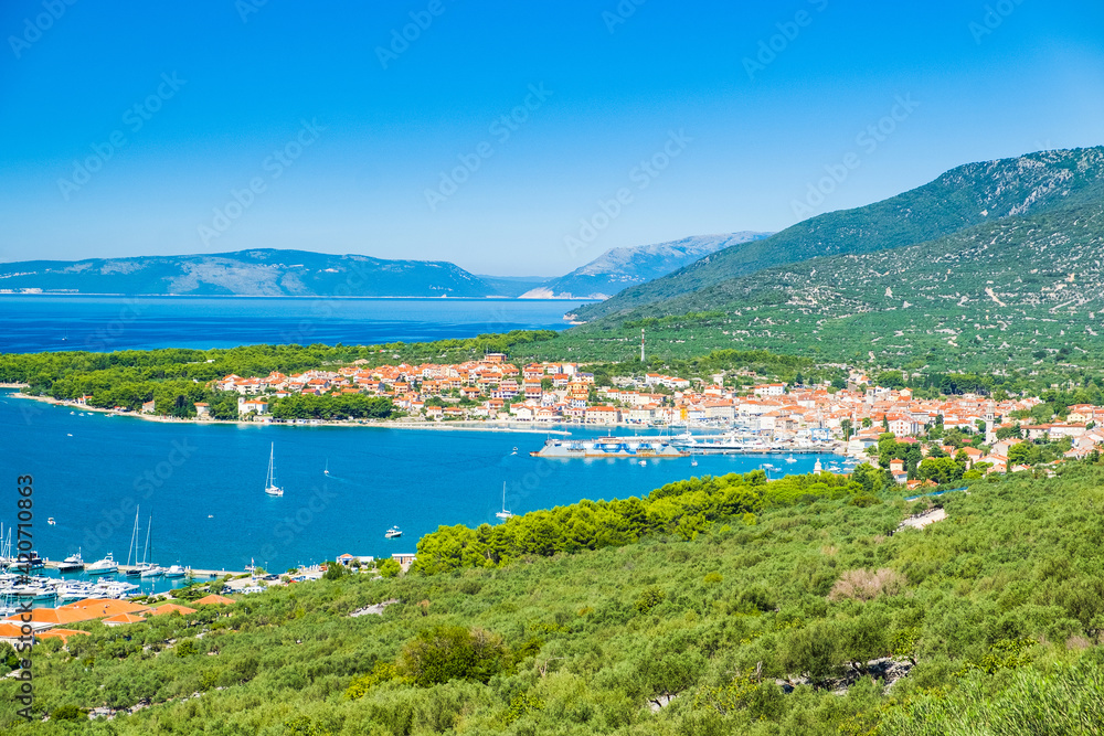 Panoramic view of town of Cres on the island of Cres in Croatia, Adriatic seascape