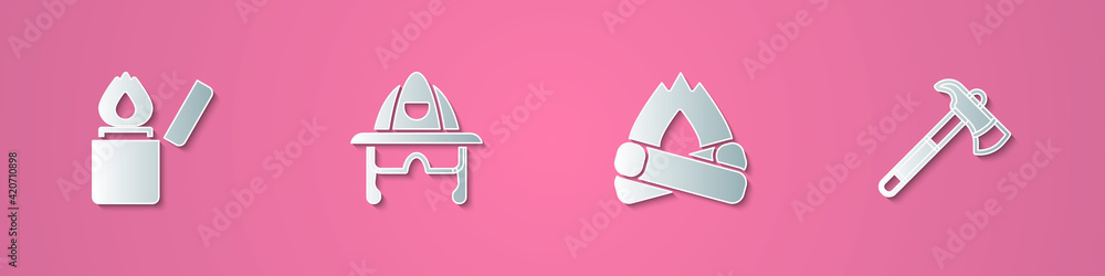 Set paper cut Lighter, Firefighter helmet, Campfire and axe icon. Paper art style. Vector Set paper cut Lighter, Firefighter helmet, Campfire and axe icon. Paper art style. Vector