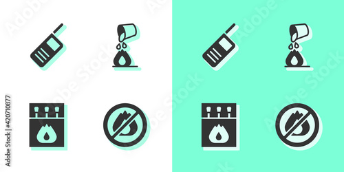 Set No fire, Walkie talkie, Matchbox and matches and Bucket extinguishing icon. Vector