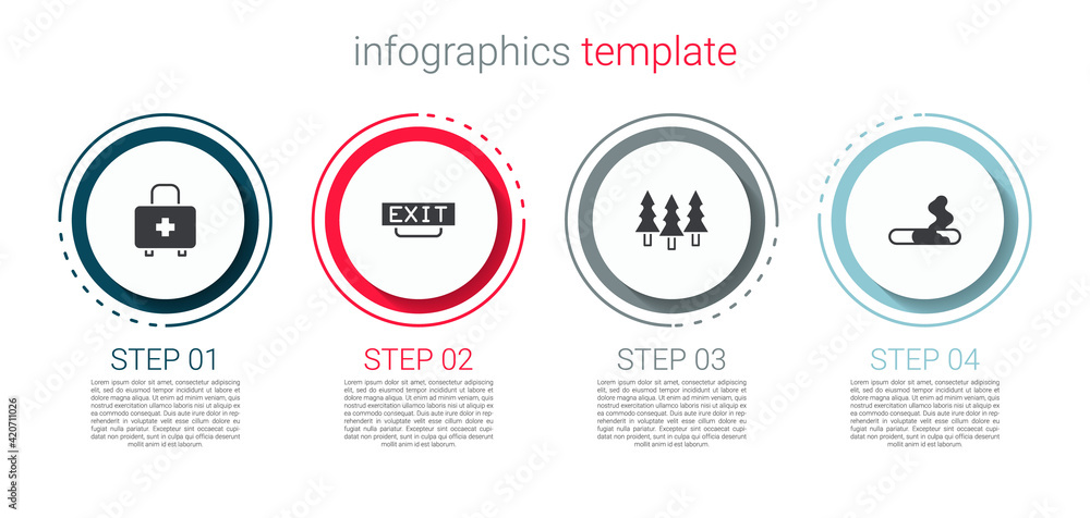 Set First aid kit, Fire exit, Forest and Cigarette. Business infographic template. Vector