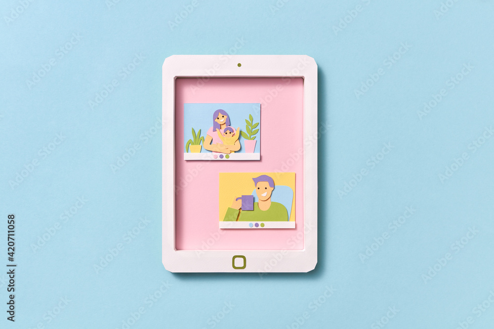 Paper handmade tablet with online video conference. Paper handmade tablet with online video conference.
