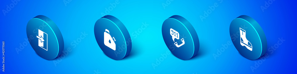 Set Isometric Fire exit, Telephone call 911, boots and Canister fuel icon. Vector Set Isometric Fire exit, Telephone call 911, boots and Canister fuel icon. Vector